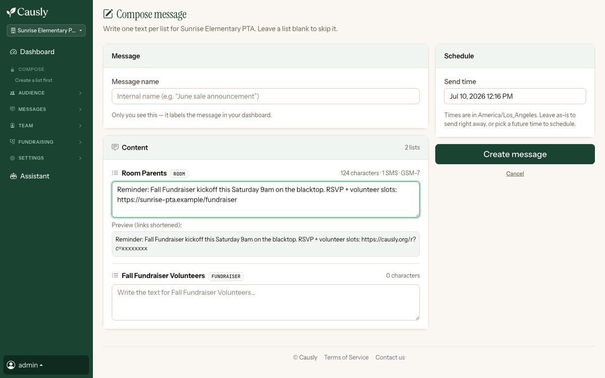 The Causly compose screen (demo organization) — one text per list with a live SMS character counter and link-shortening preview