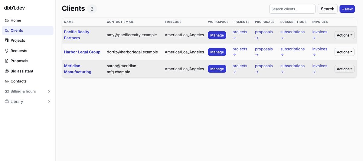 The dbb1 console (demo data) — the machinery behind every project
